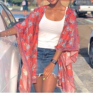 Japna NWT Red Floral Open Kimono ONE SIZE